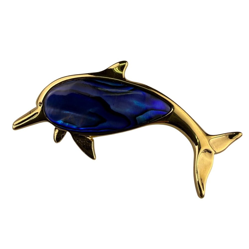 Gold Tone Dolphin Brooch Blue Abalone Shell Pin Womens Jewelry Decorative